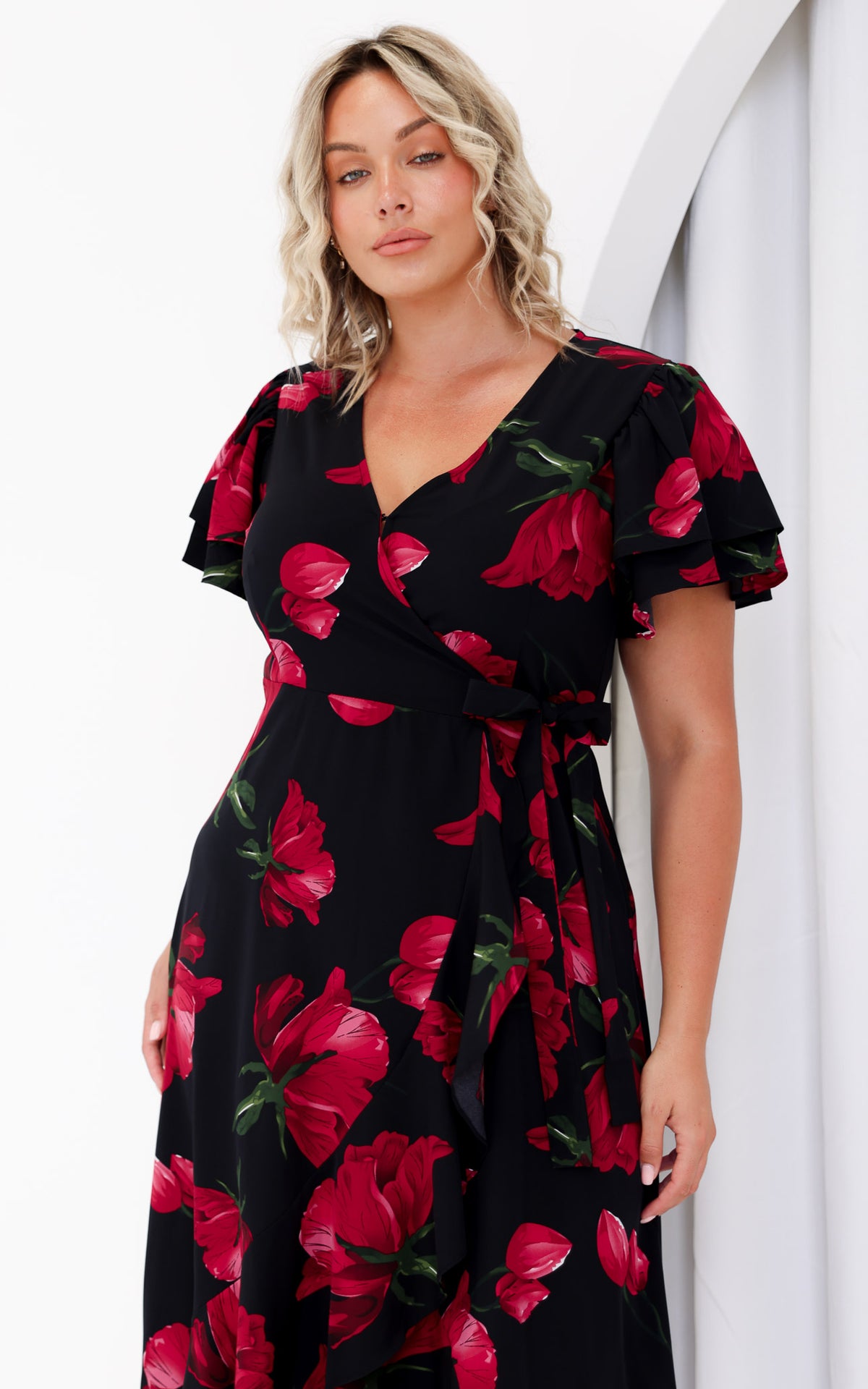 Odette Short Sleeve Wrap Maxi Dress - Black Floral