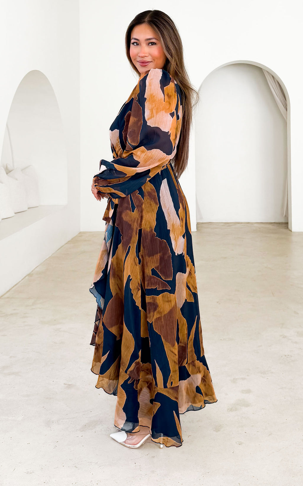 Odette Long Sleeve Wrap Maxi Dress - Navy Ochre Print
