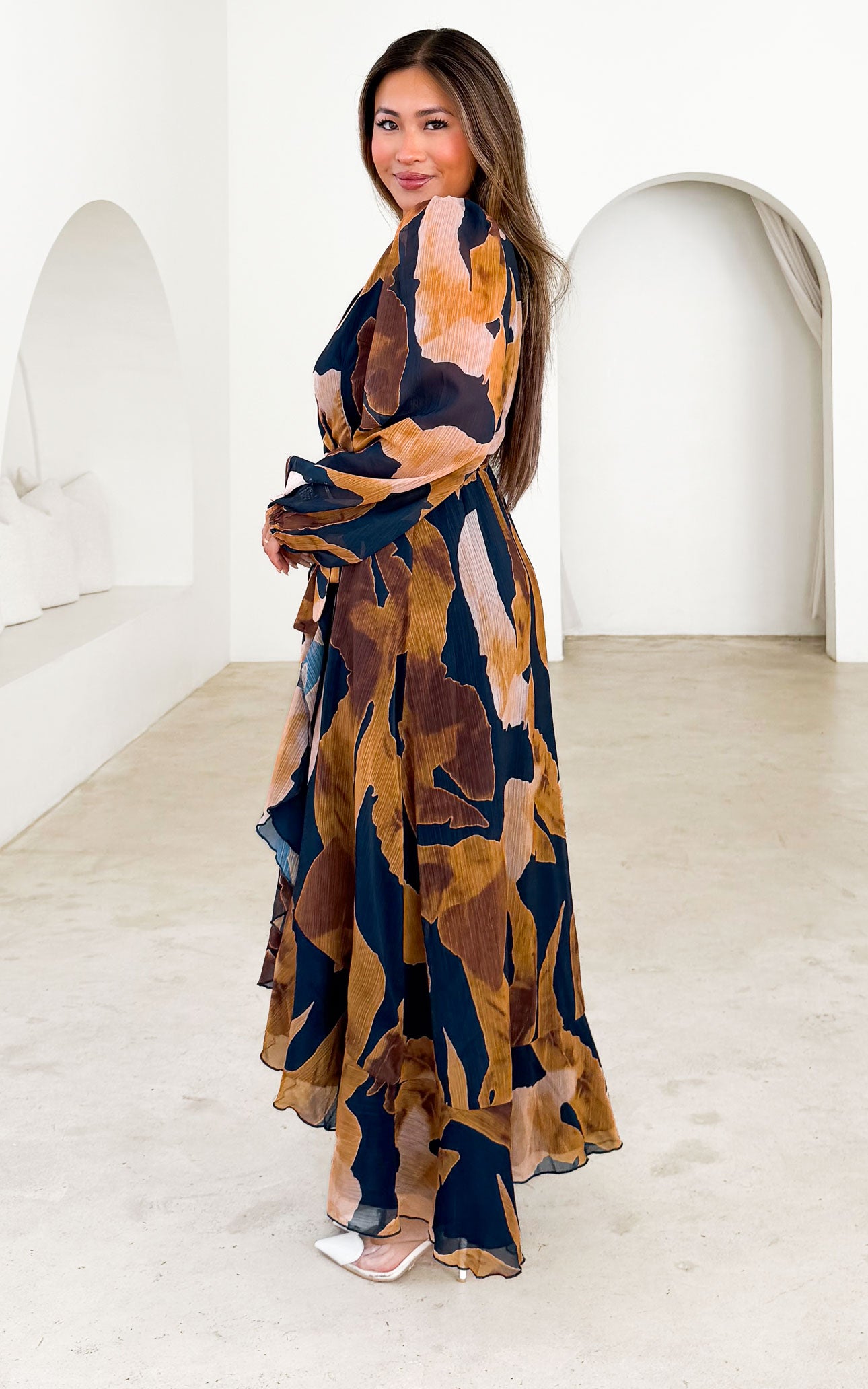 Odette Long Sleeve Wrap Maxi Dress - Navy Ochre Print