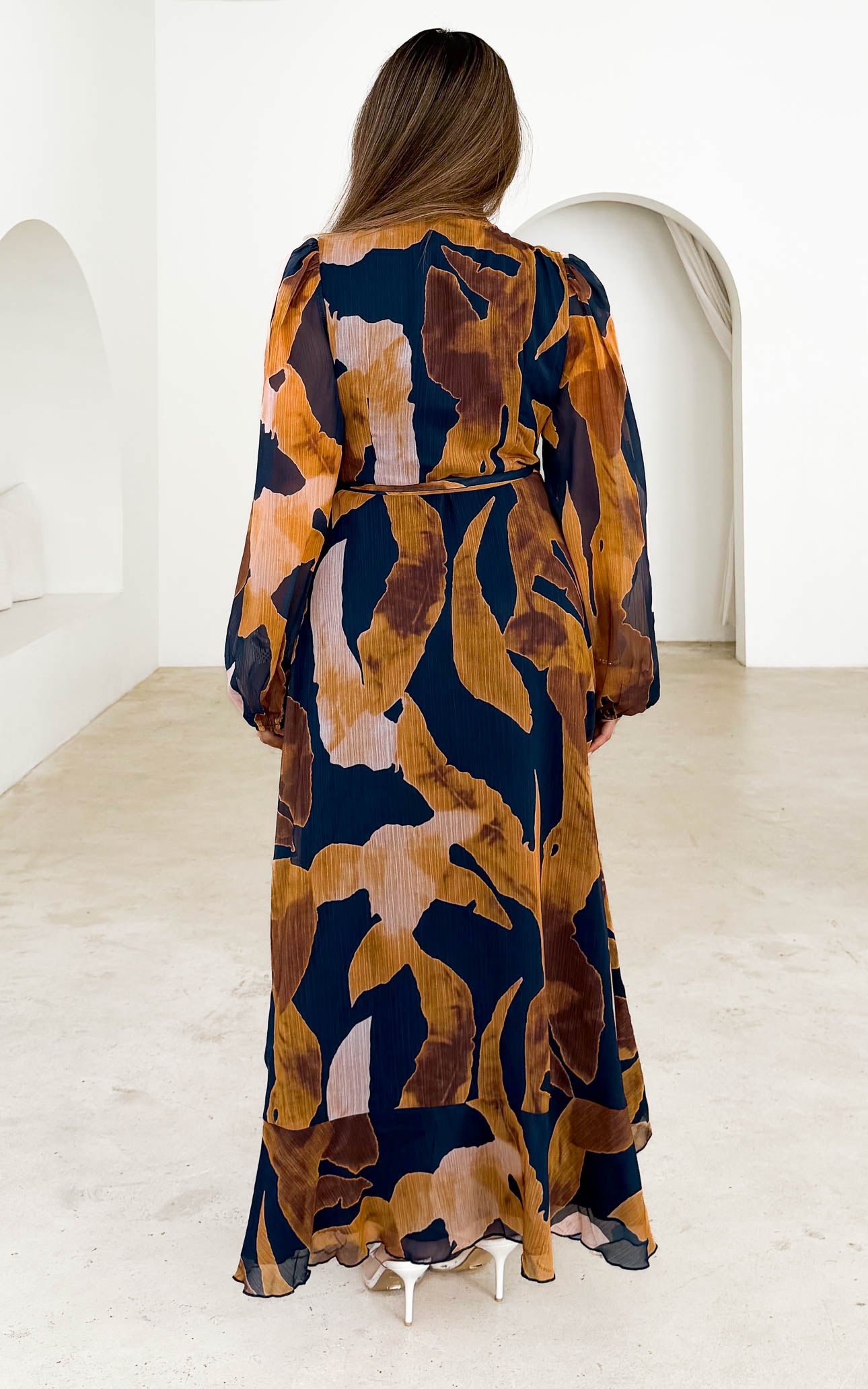 Odette Long Sleeve Wrap Maxi Dress - Navy Ochre Print
