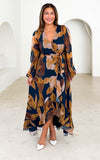 Odette Long Sleeve Wrap Maxi Dress - Navy Ochre Print