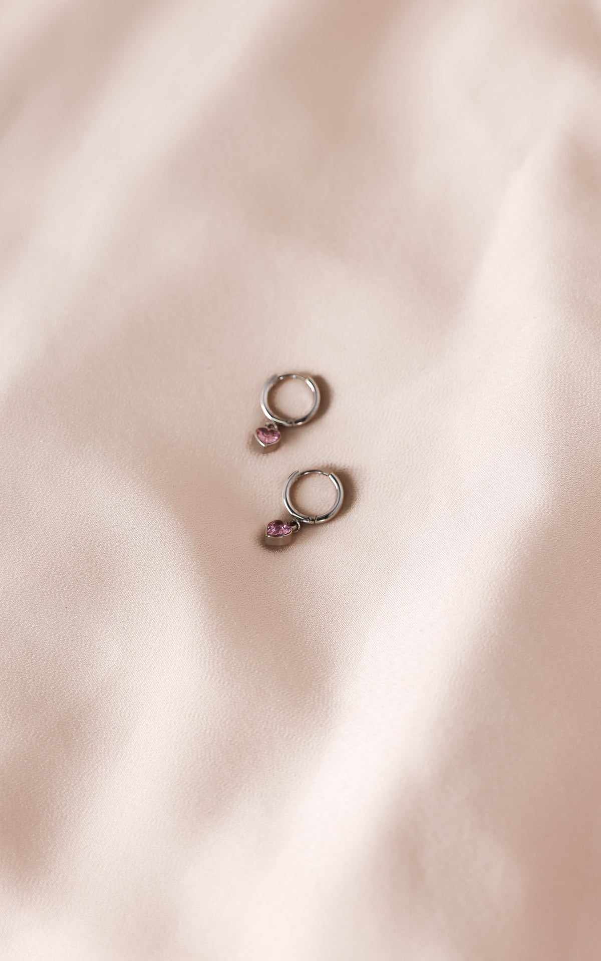 Odin Dainty Hoop Charm Earrings - Silver Pink Heart Diamante