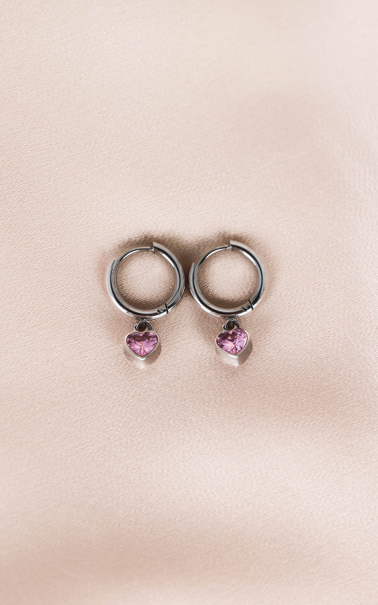 Odin Dainty Hoop Charm Earrings - Silver Pink Heart Diamante