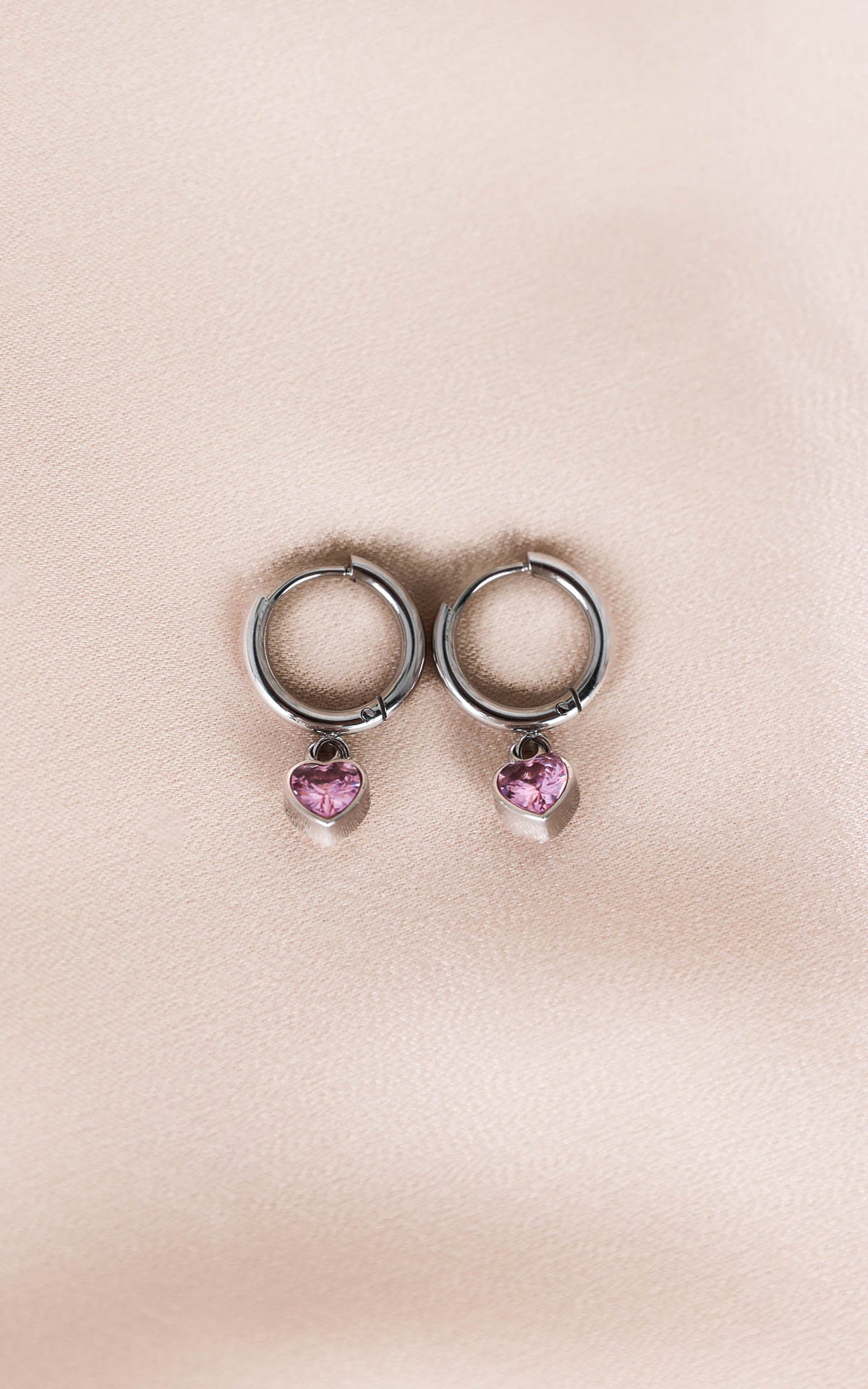 Odin Dainty Hoop Charm Earrings - Silver Pink Heart Diamante