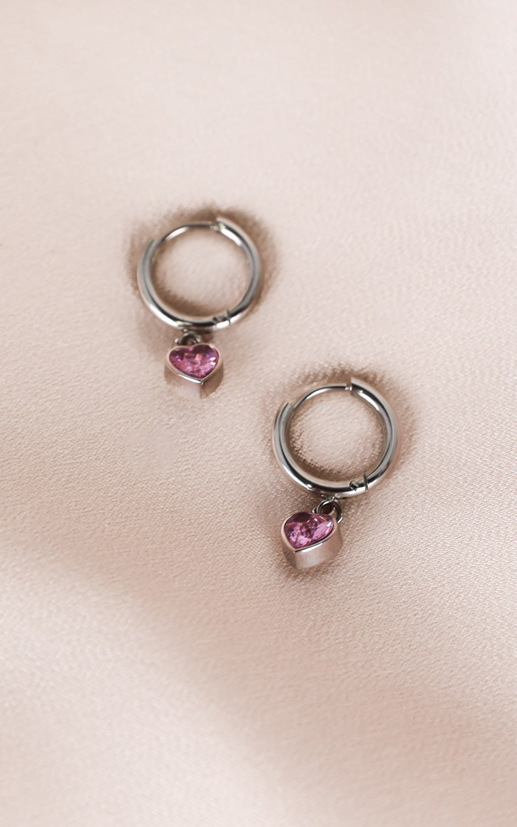 Odin Dainty Hoop Charm Earrings - Silver Pink Heart Diamante