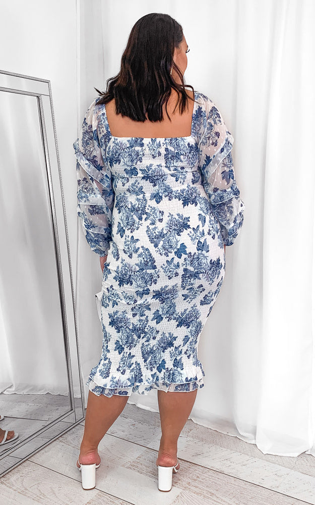 Oh Baby Shirred Midi Dress - Blue Floral