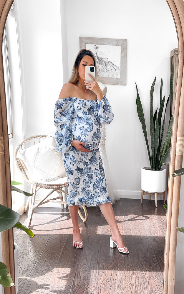 Oh Baby Shirred Midi Dress - Blue Floral