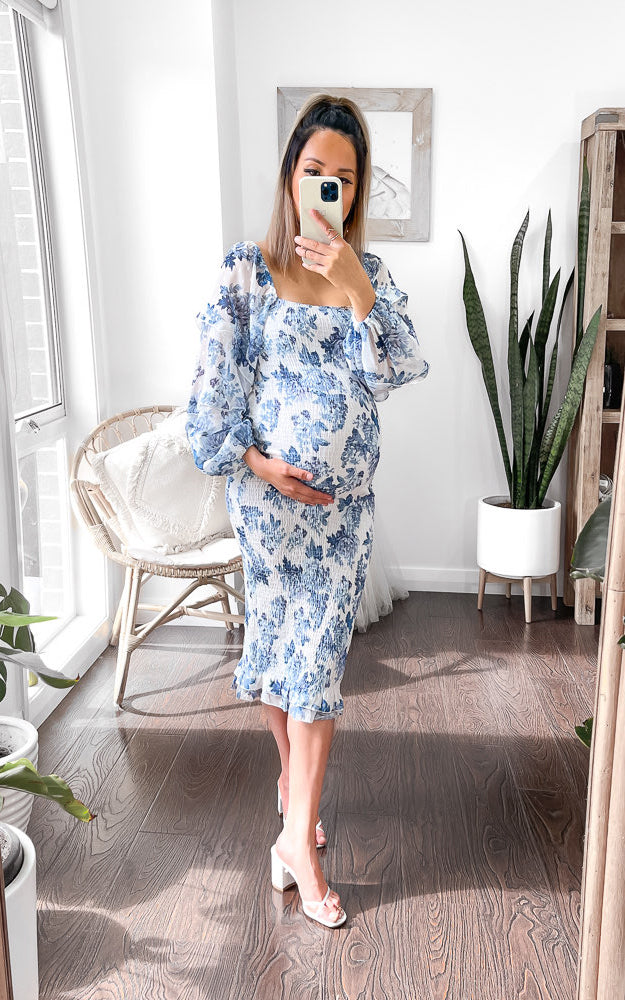 Oh Baby Shirred Midi Dress - Blue Floral