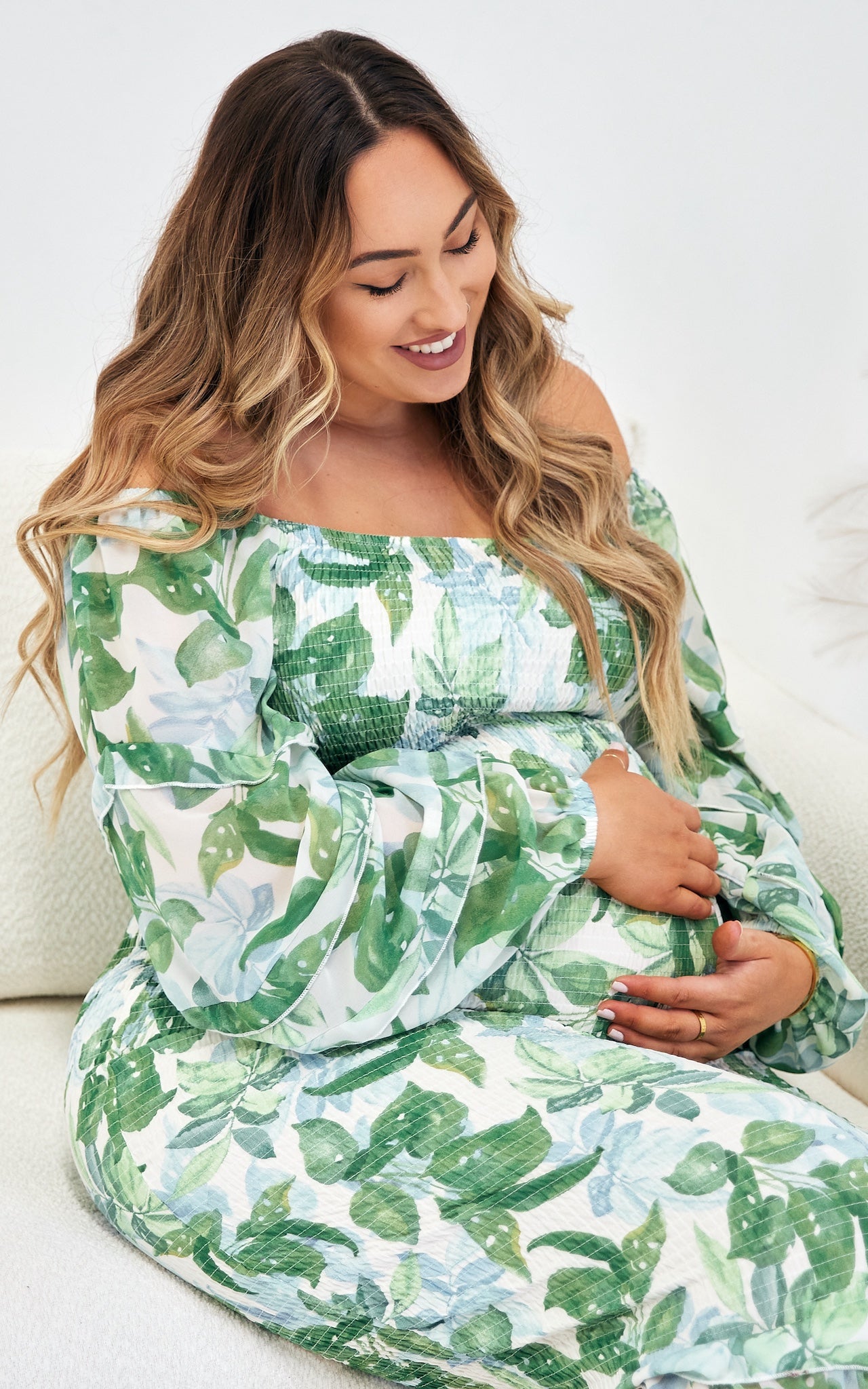 Oh Baby Shirred Midi Dress - Green Blue Leaf