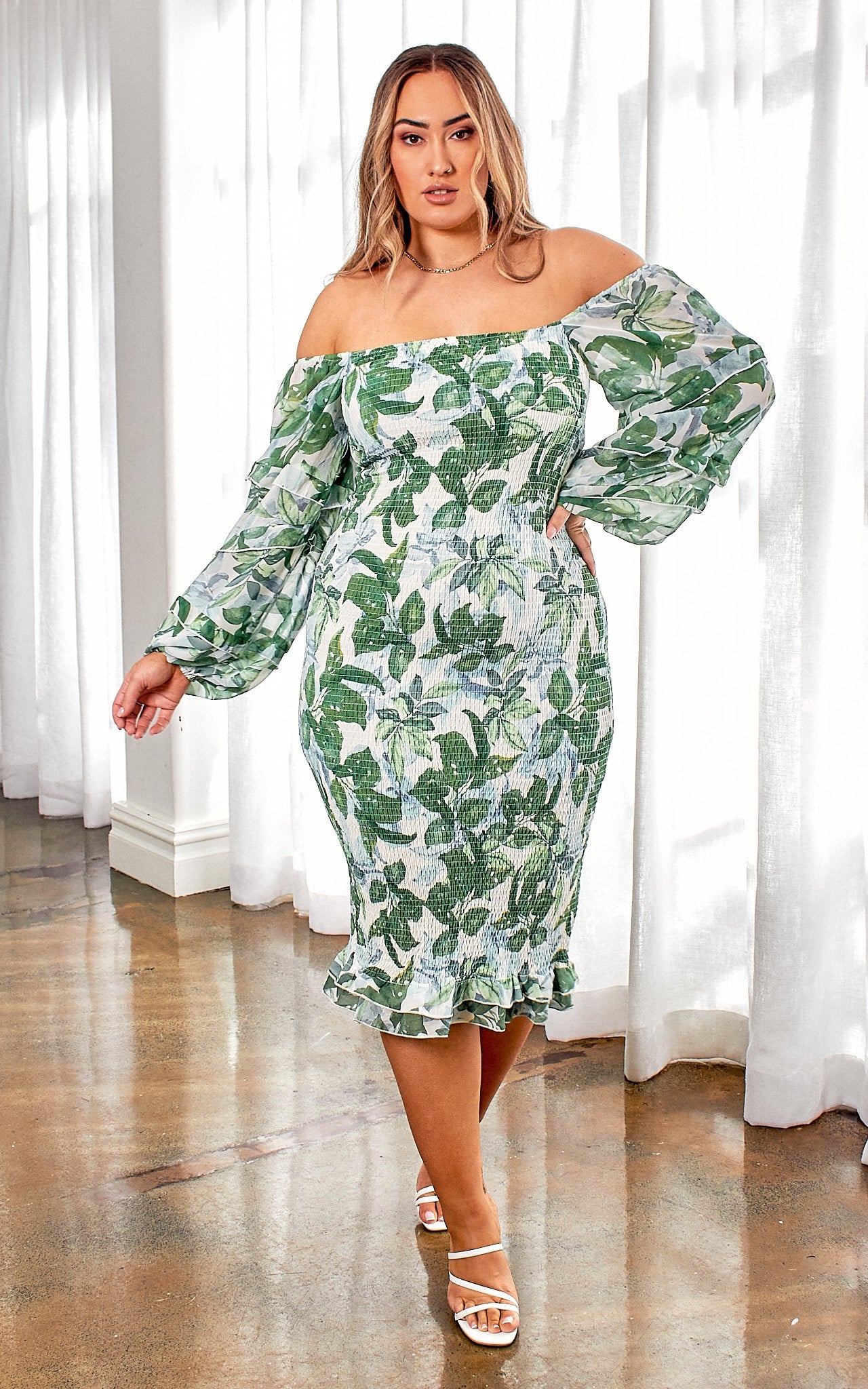 Oh Baby Shirred Midi Dress - Green Blue Leaf