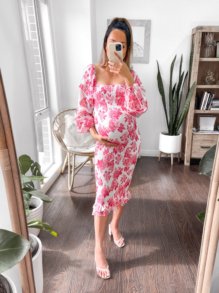 Oh Baby Shirred Midi Dress - Pink Floral