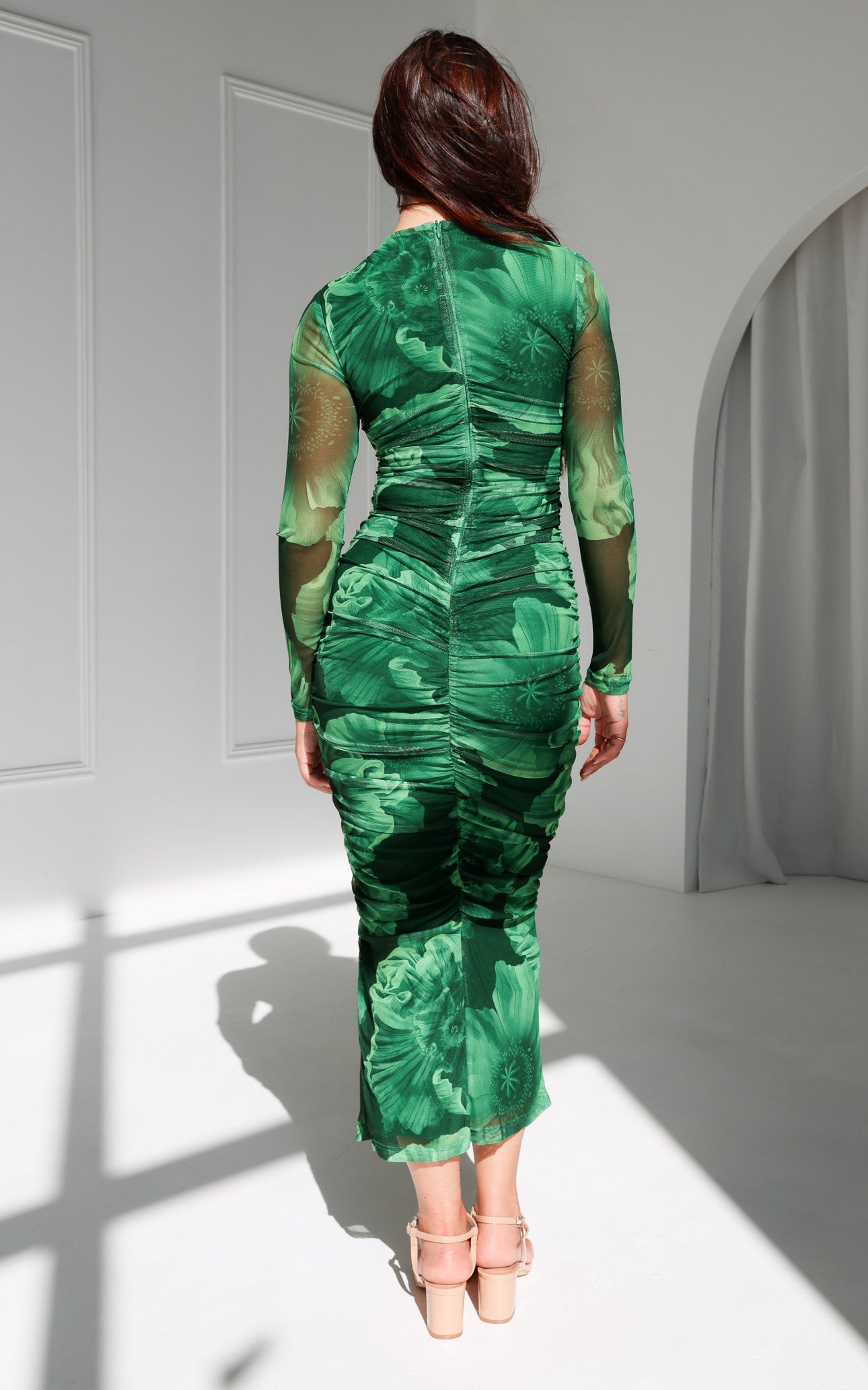 Olida Long Sleeve Mesh Maxi Dress - Green Floral
