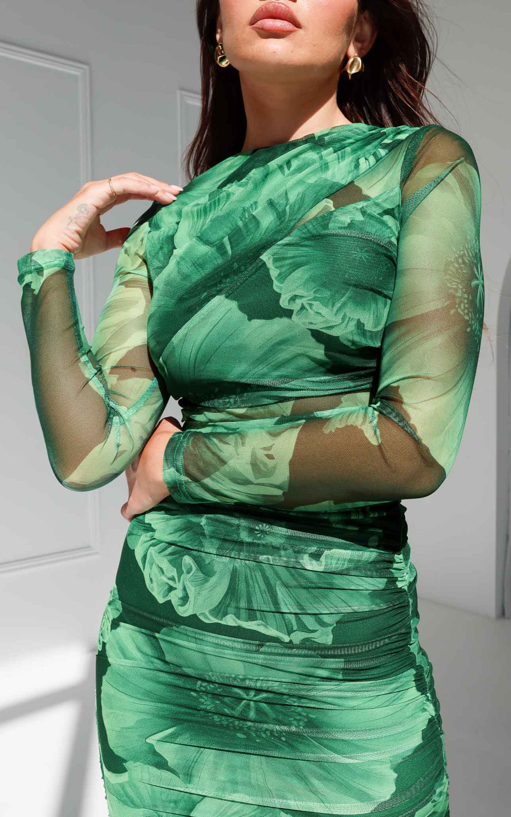Olida Long Sleeve Mesh Maxi Dress - Green Floral