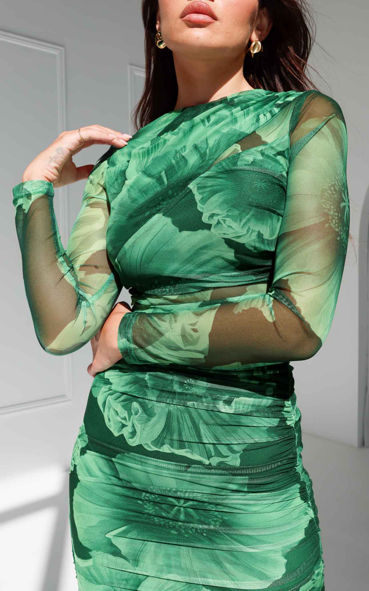 Olida Long Sleeve Mesh Maxi Dress - Green Floral
