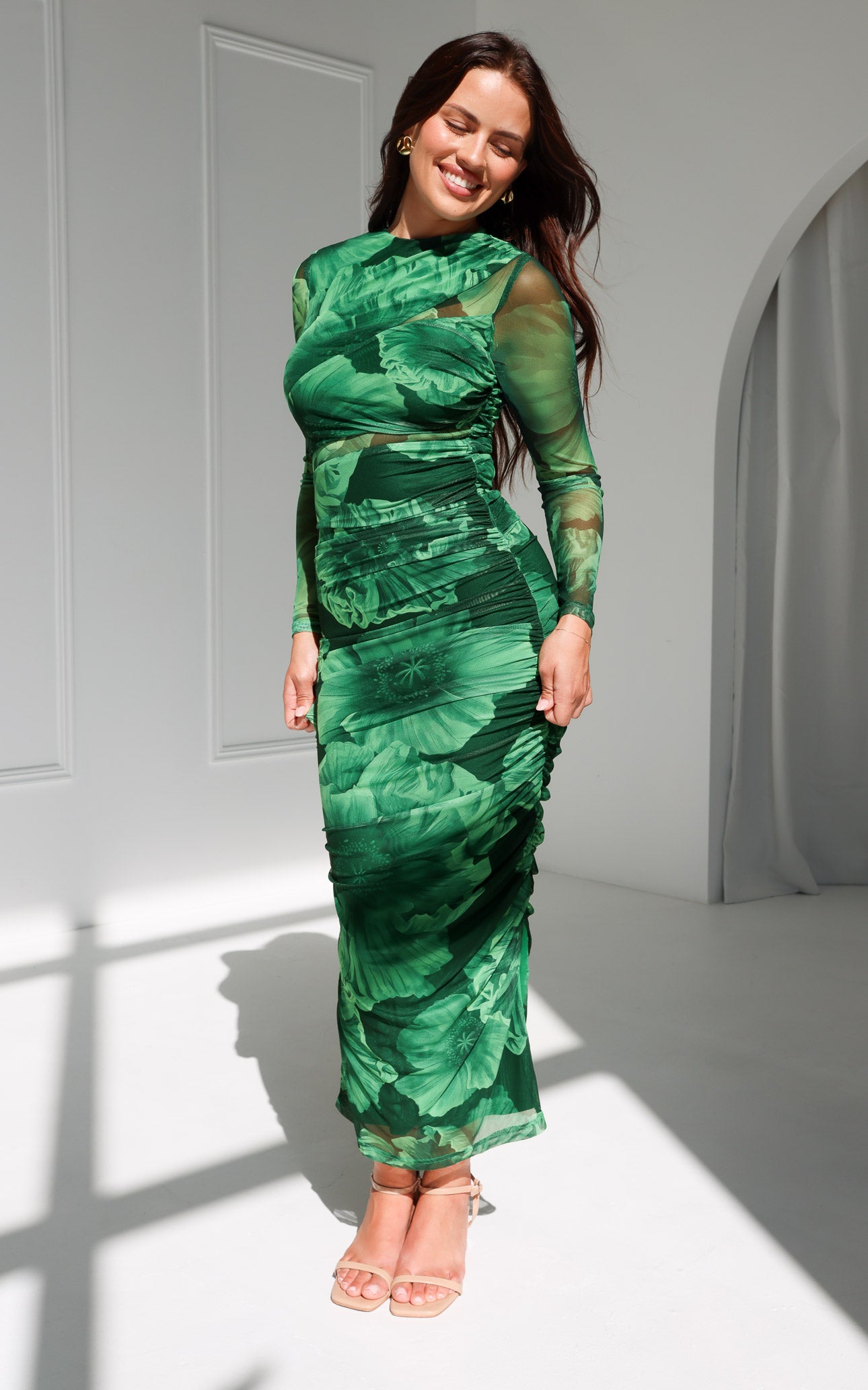Olida Long Sleeve Mesh Maxi Dress - Green Floral