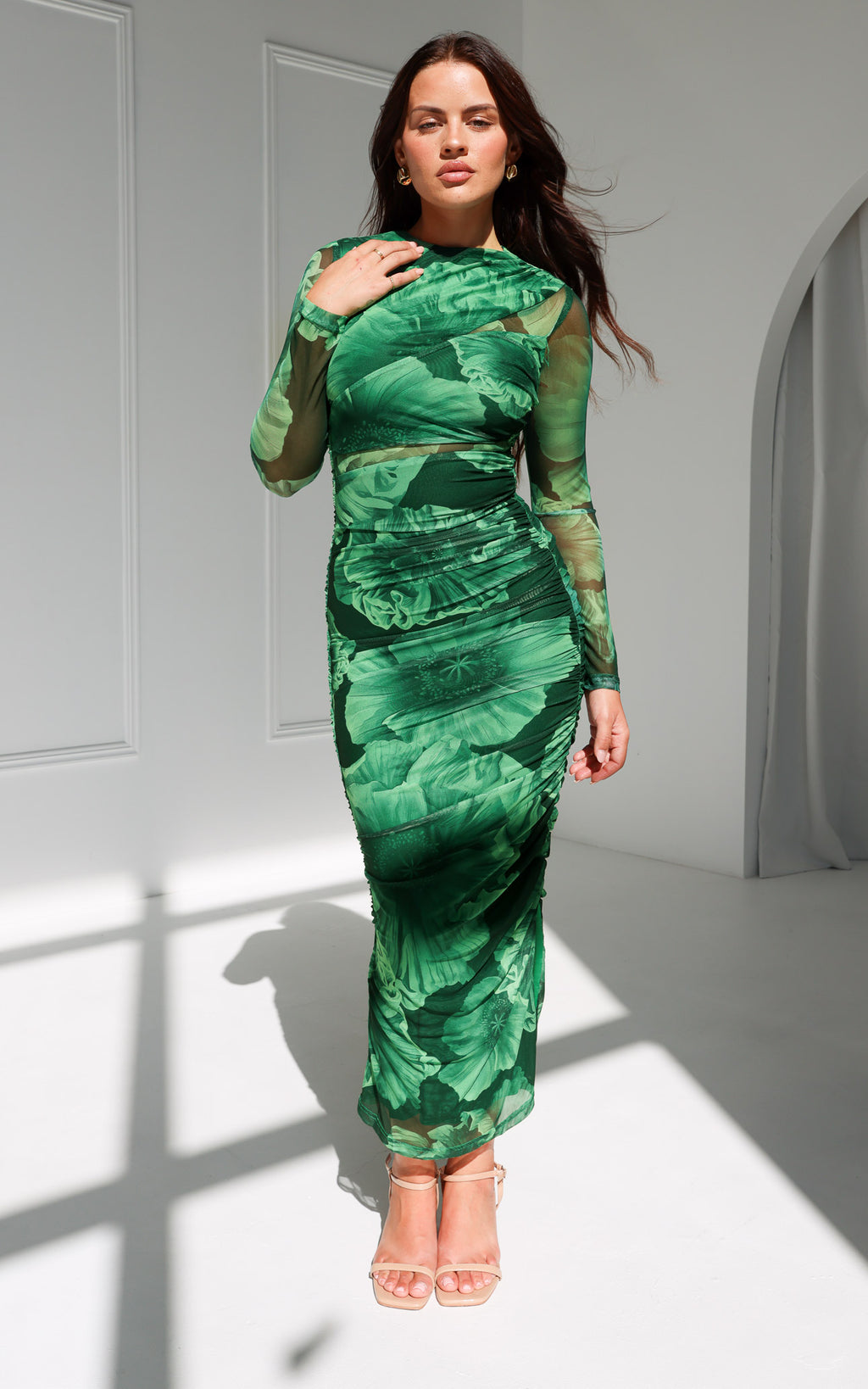 Olida Long Sleeve Mesh Maxi Dress - Green Floral