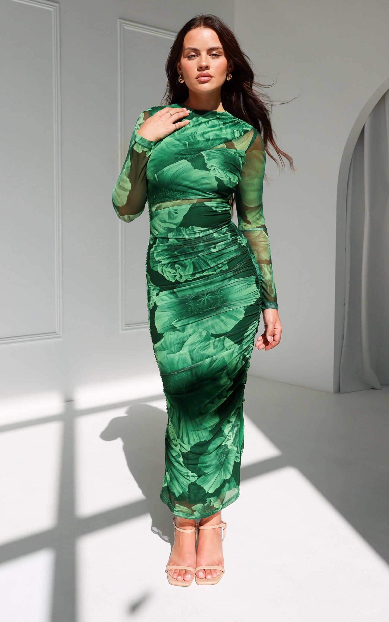 Olida Long Sleeve Mesh Maxi Dress - Green Floral