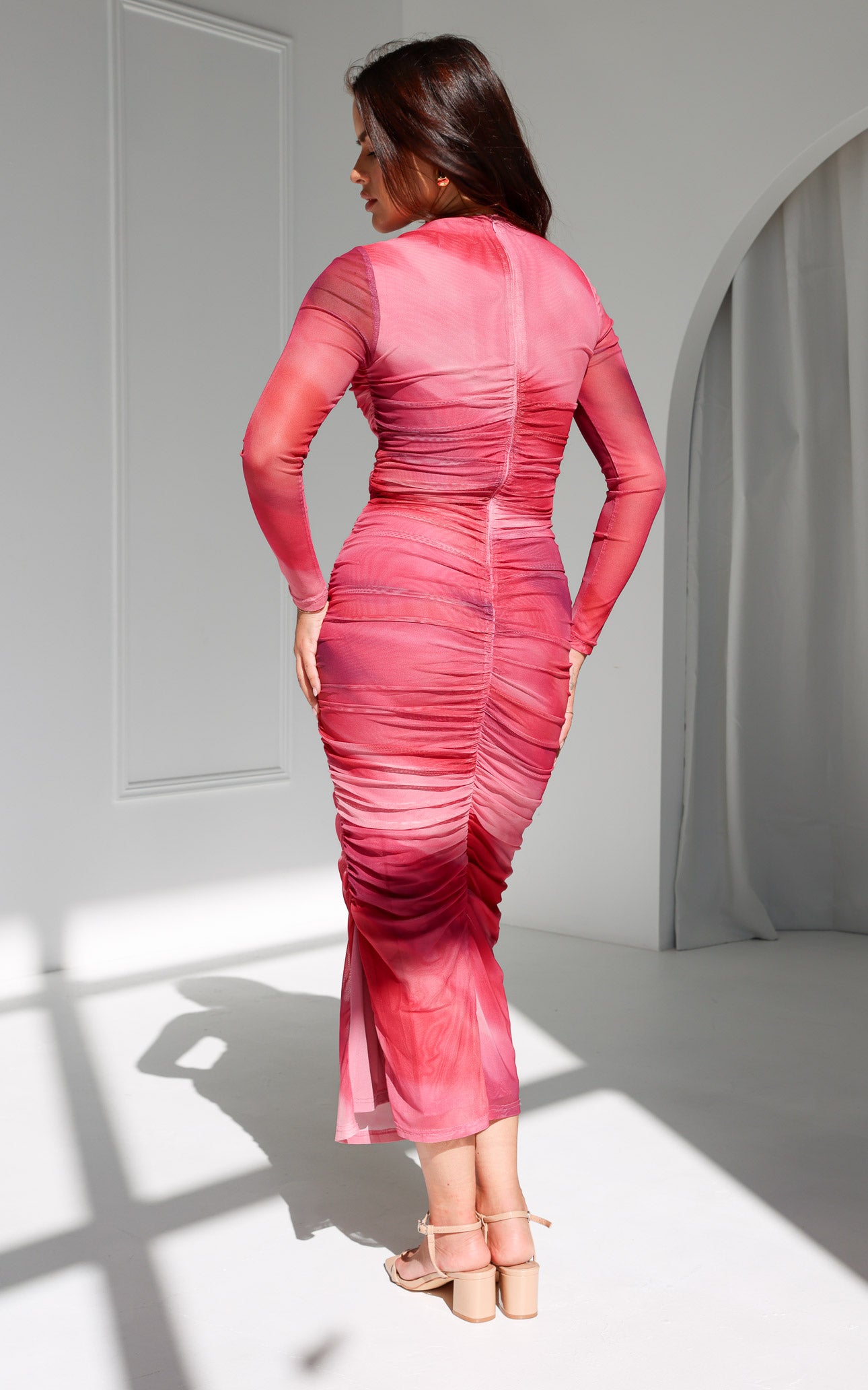 Olida Long Sleeve Mesh Maxi Dress - Pink Orange Ombre