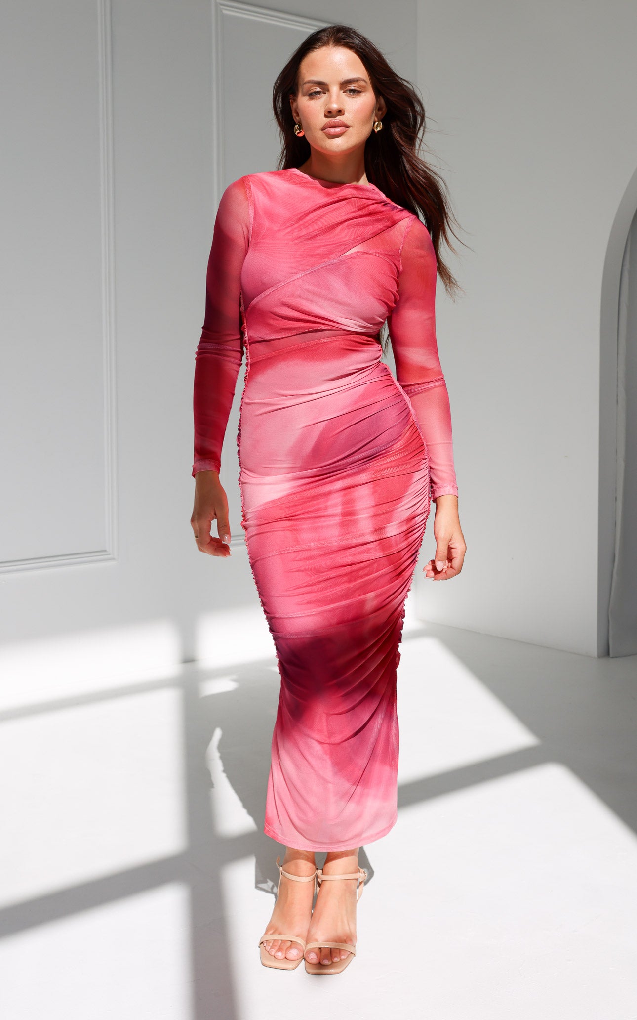 Olida Long Sleeve Mesh Maxi Dress - Pink Orange Ombre