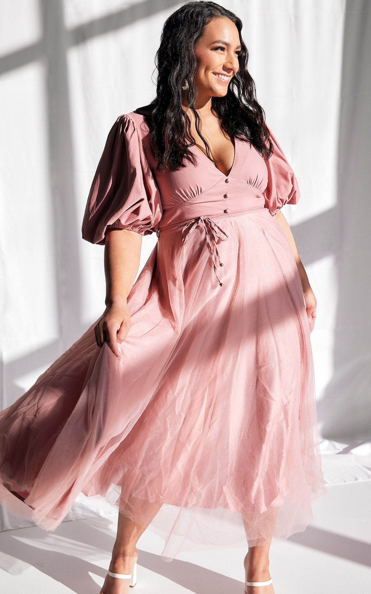 ONE KISS V NECK PUFF SLEEVE TULLE MAXI DRESS BLUSH PINK By Amica