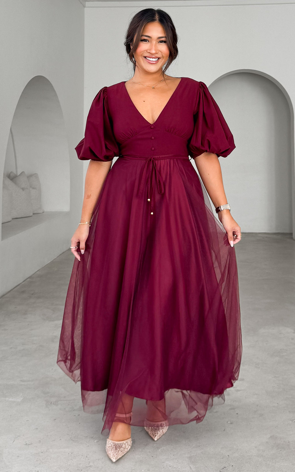 One Kiss Tulle Maxi Dress - Deep Wine