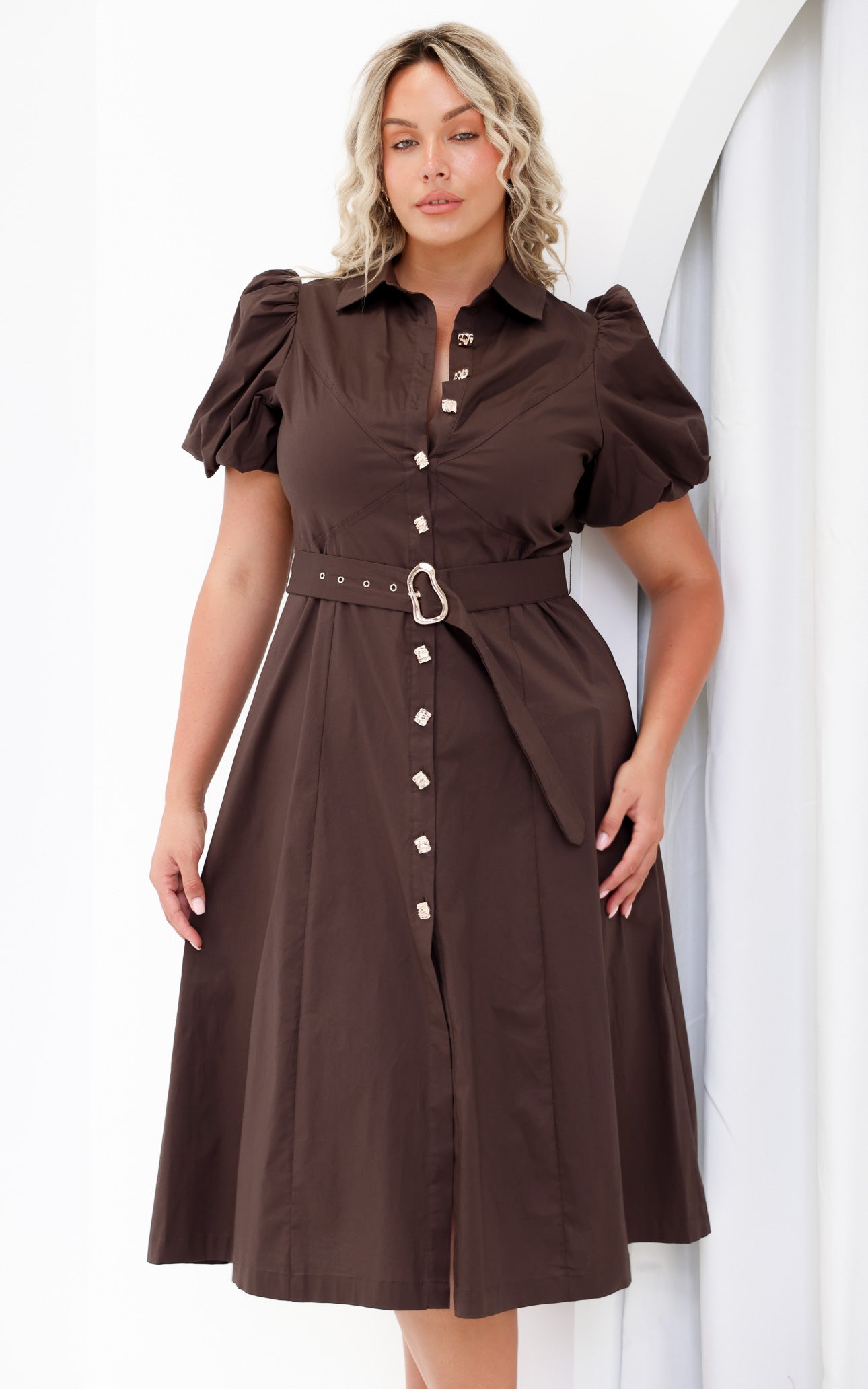 Ophelia Short Sleeve Midi Dress - Dark Brown