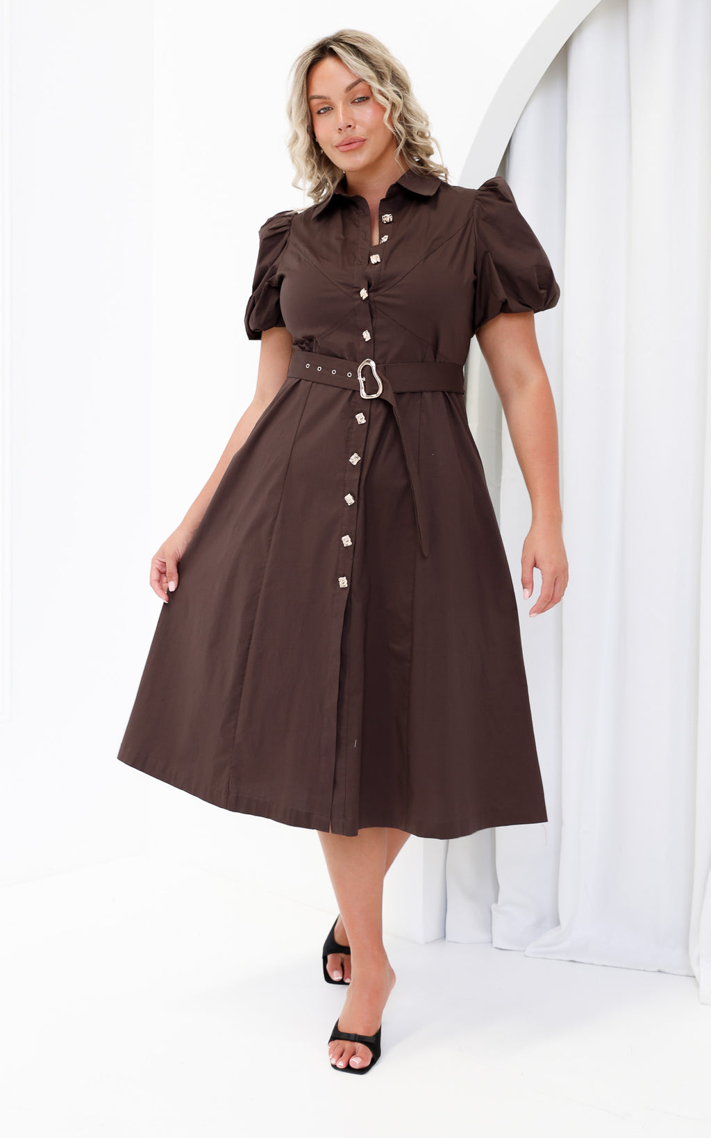 Ophelia Short Sleeve Midi Dress - Dark Brown