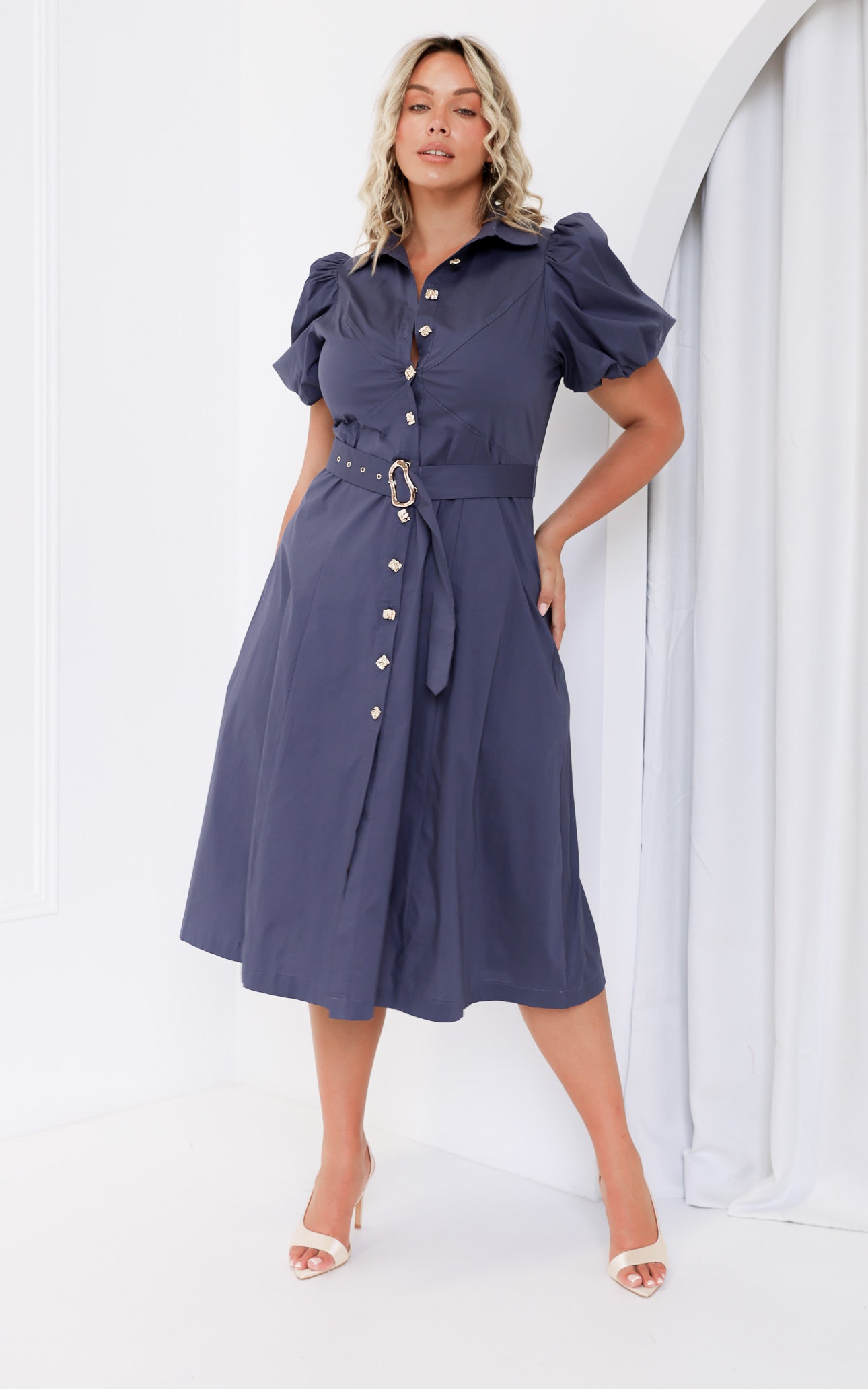 Ophelia Short Sleeve Midi Dress - Petrol Blue