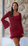 Oscar Feather Trim Mini Dress - Wine Red