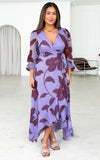 Odette Long Sleeve Wrap Maxi Dress - Lilac Wine Floral