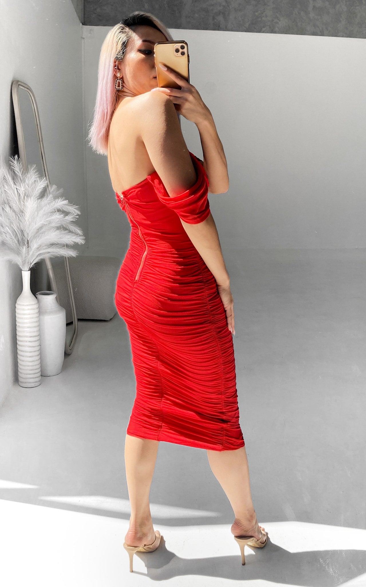 Pandora Mesh Midi Dress - Red