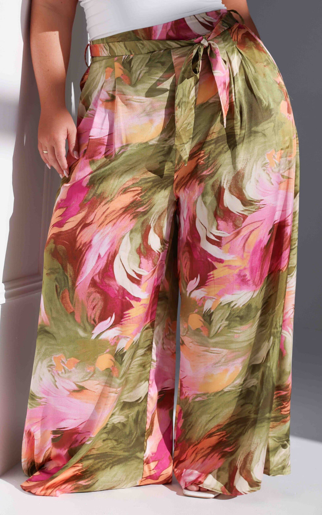 Paradise Lily Wide Leg Pants - Olive Pink Abstract Print