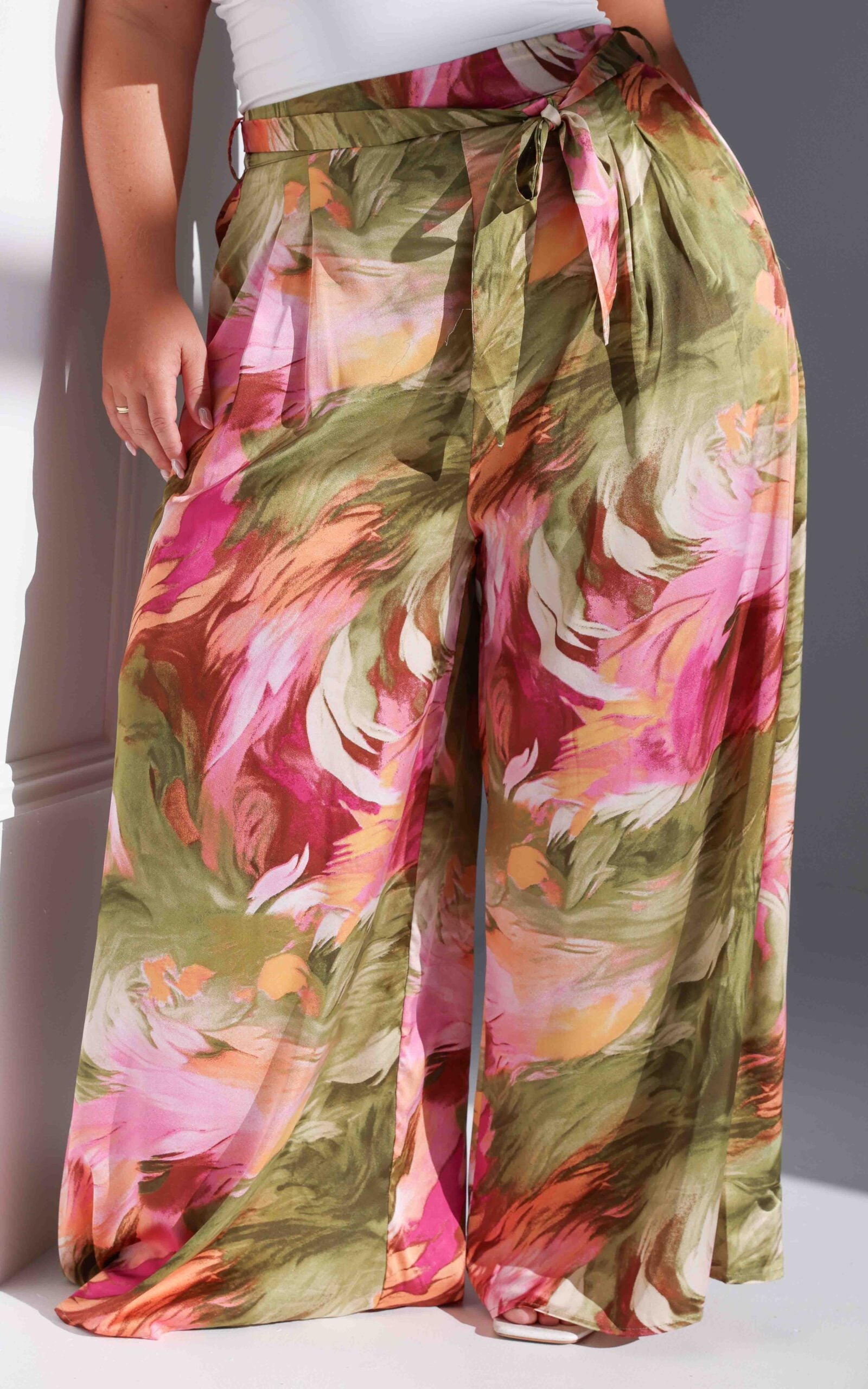 Paradise Lily Wide Leg Pants - Olive Pink Abstract Print