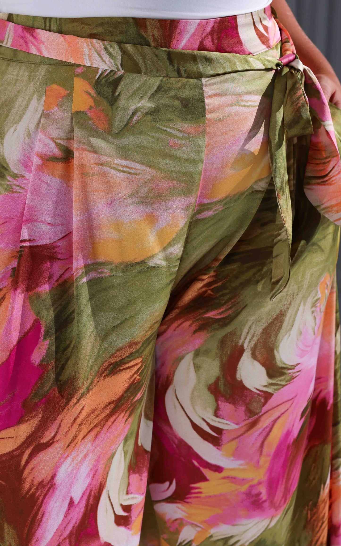 Paradise Lily Wide Leg Pants - Olive Pink Abstract Print