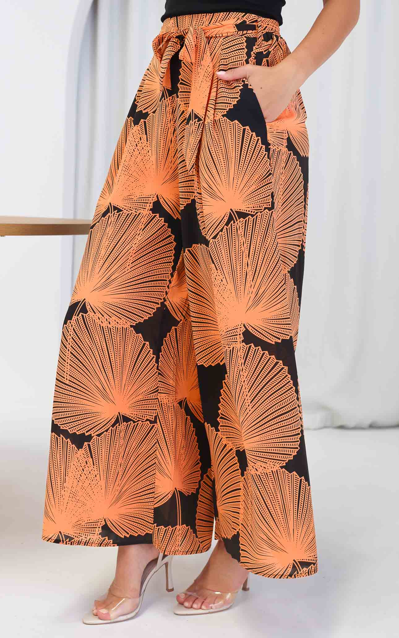 Paradise Lily Wide Leg Pants - Black Orange Print