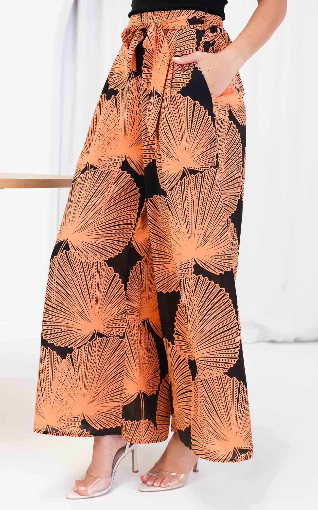 (Preorder) Paradise Lily Wide Leg Pants - Black Orange Print