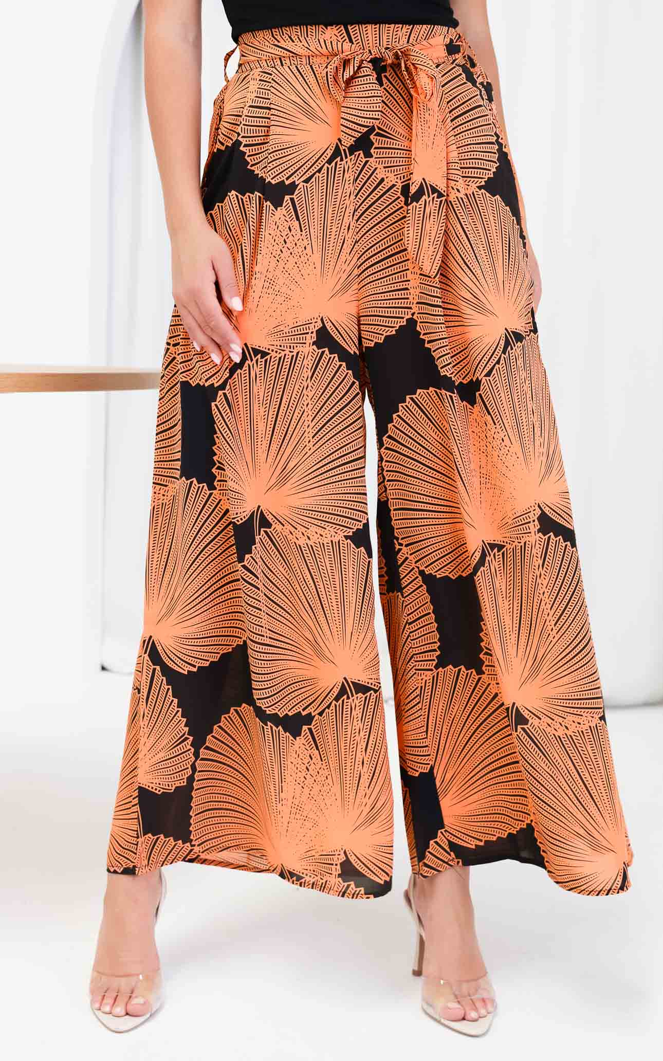 (Preorder) Paradise Lily Wide Leg Pants - Black Orange Print