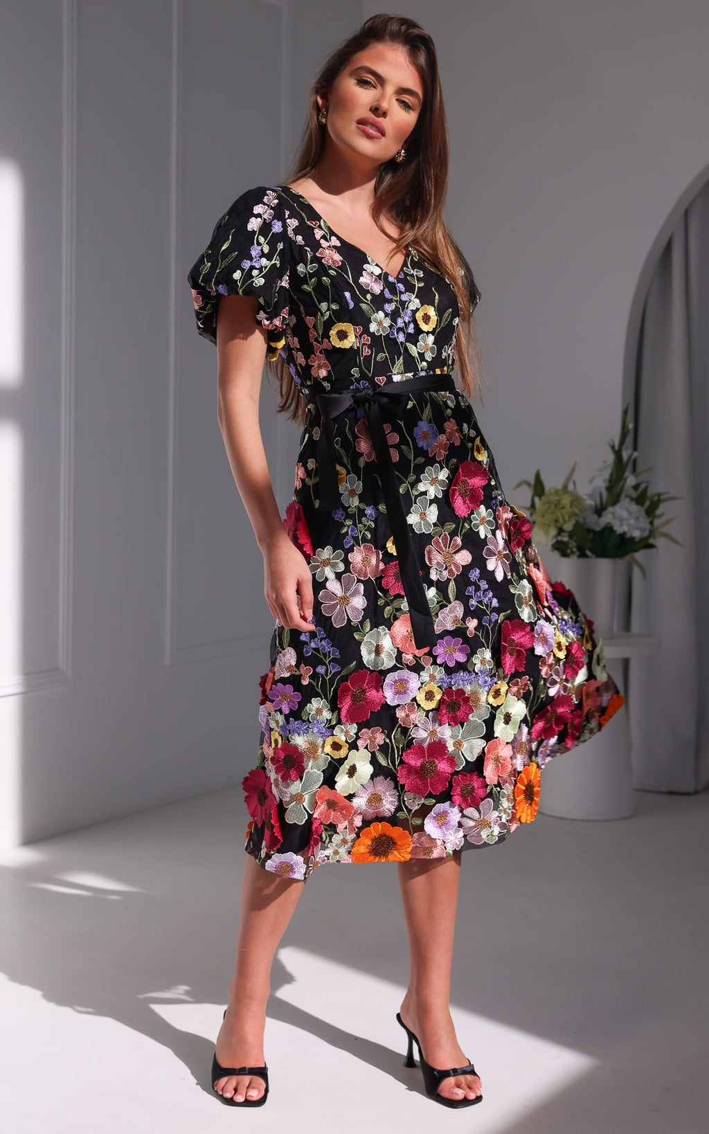 Peony Midi Dress - Black Multi Floral
