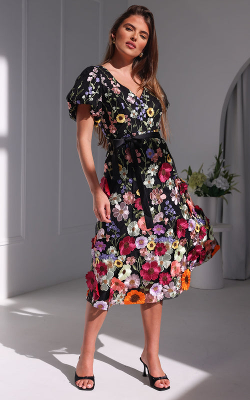 Peony Midi Dress - Black Multi Floral