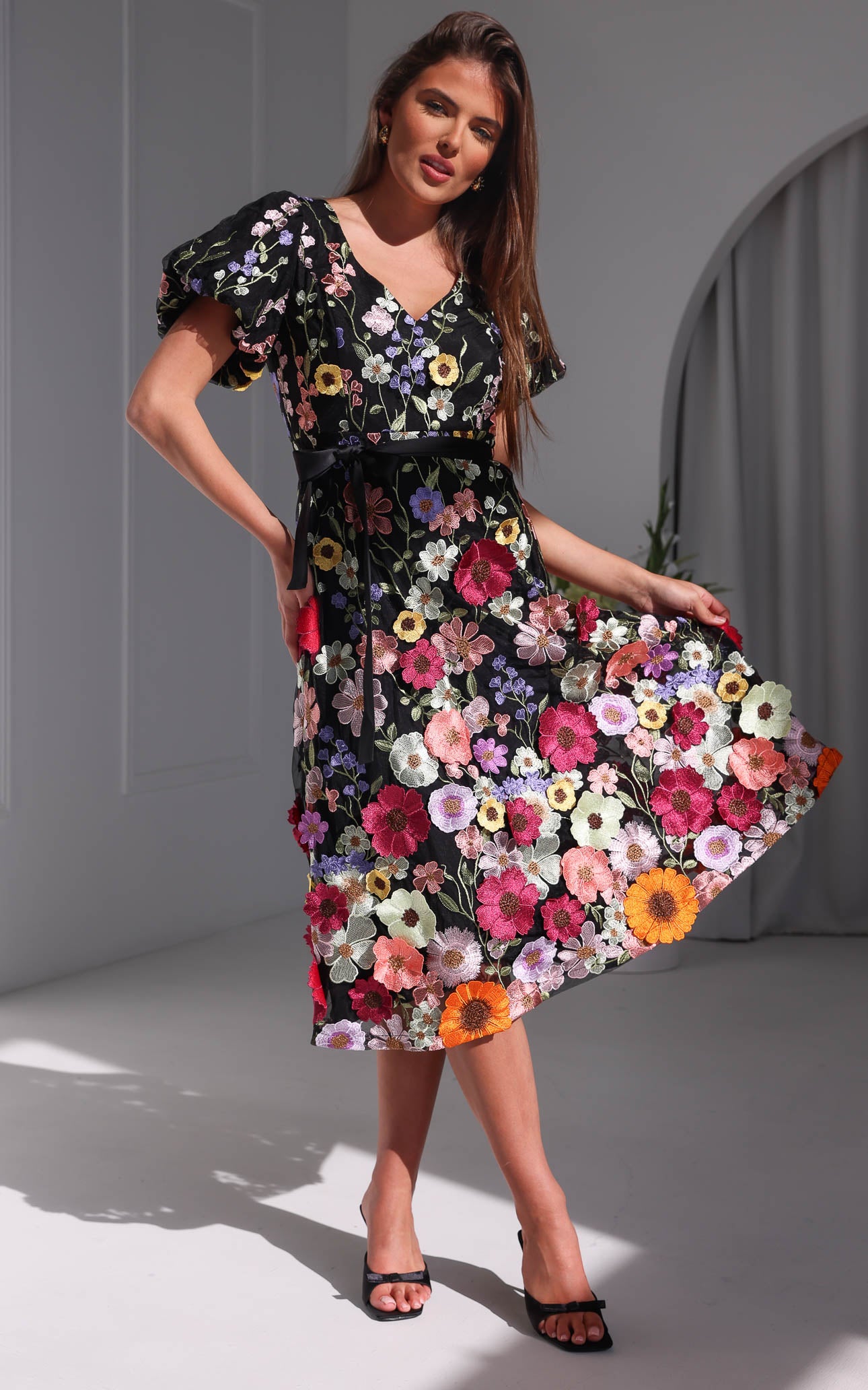Peony Midi Dress - Black Multi Floral