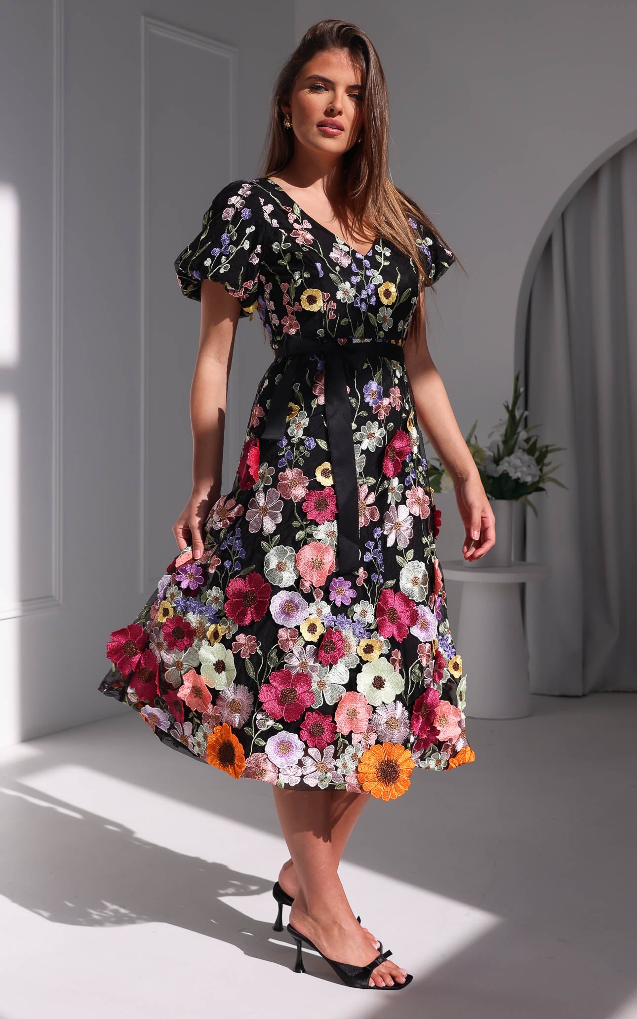 Peony Midi Dress - Black Multi Floral