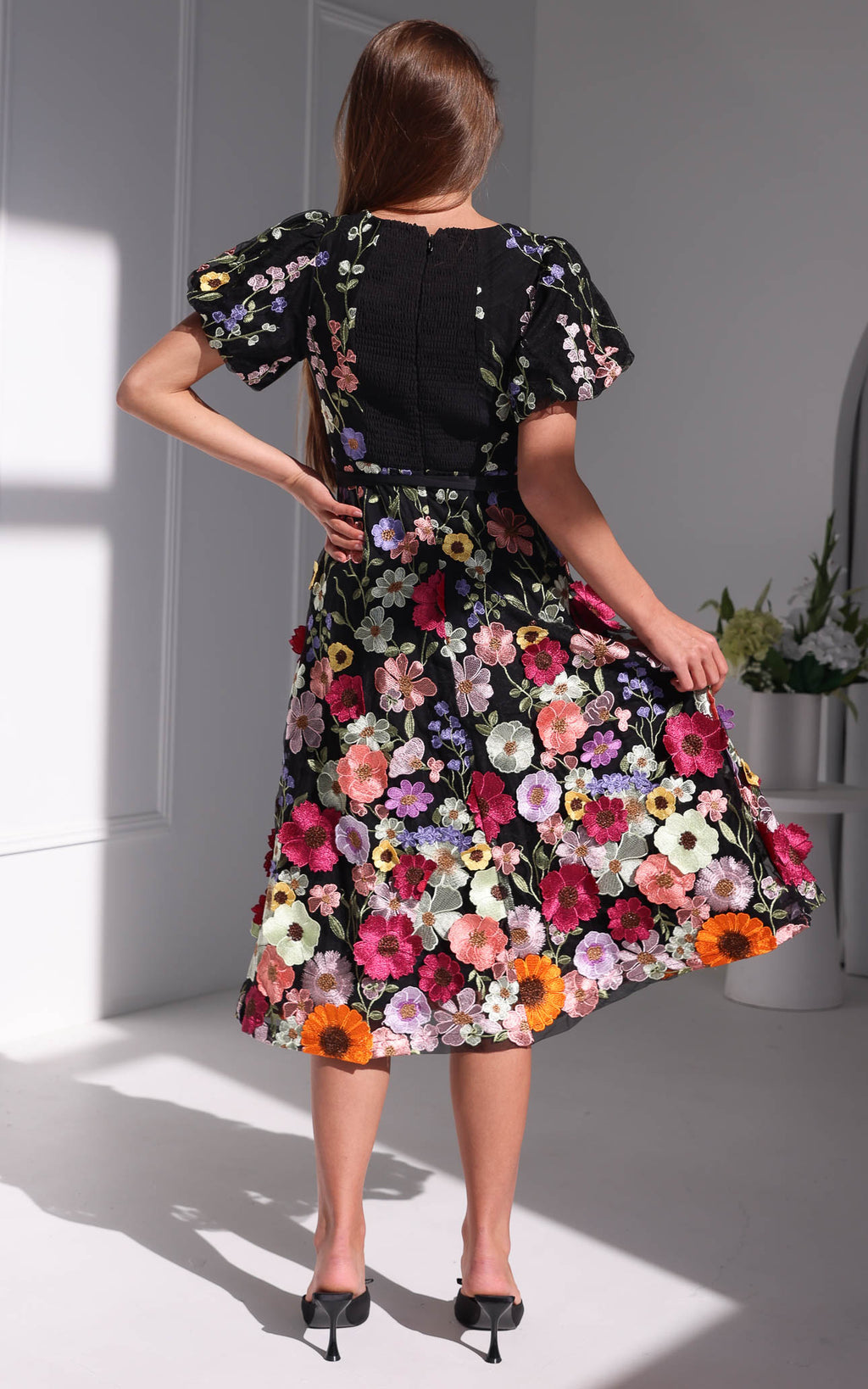Peony Midi Dress - Black Multi Floral
