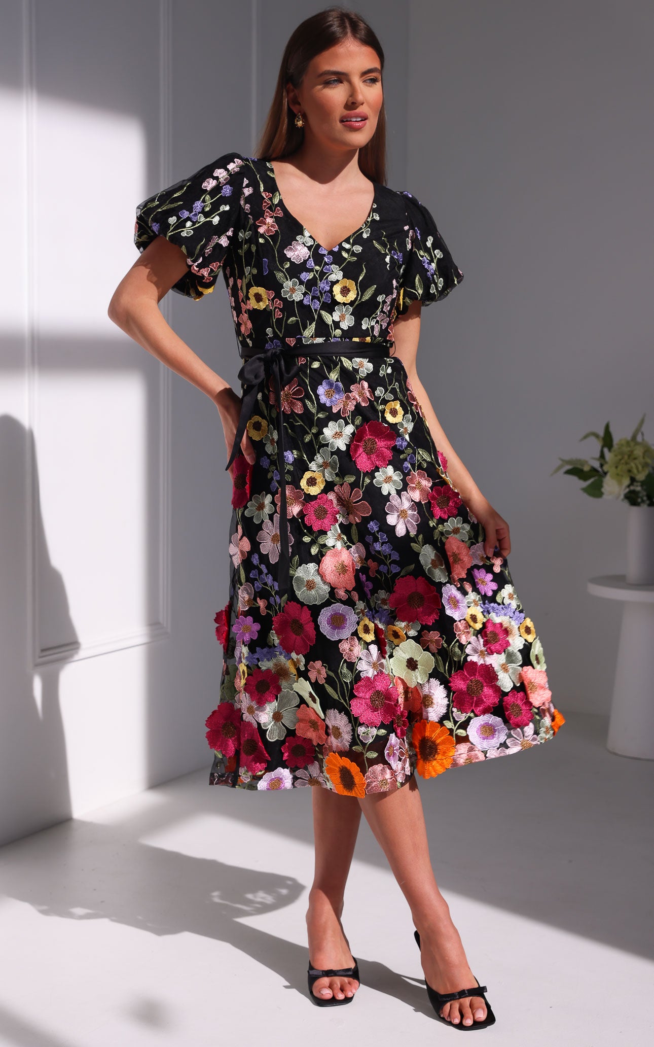 Peony Midi Dress - Black Multi Floral