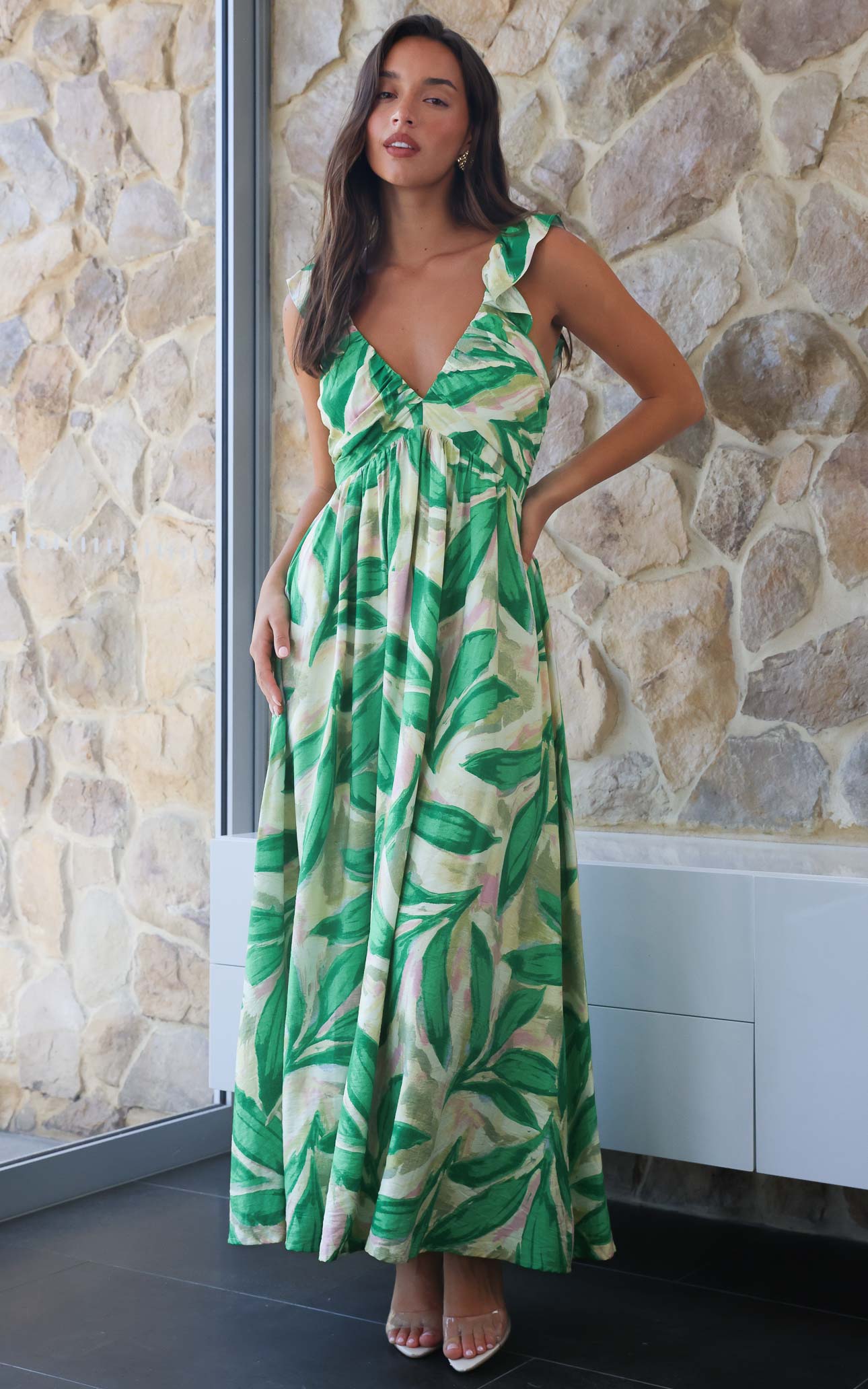 Polly Maxi Dress - Green Beige Multi Print