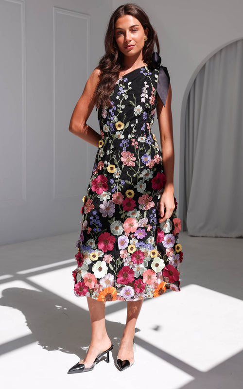 Poppy Midi Dress - Black Multi Floral