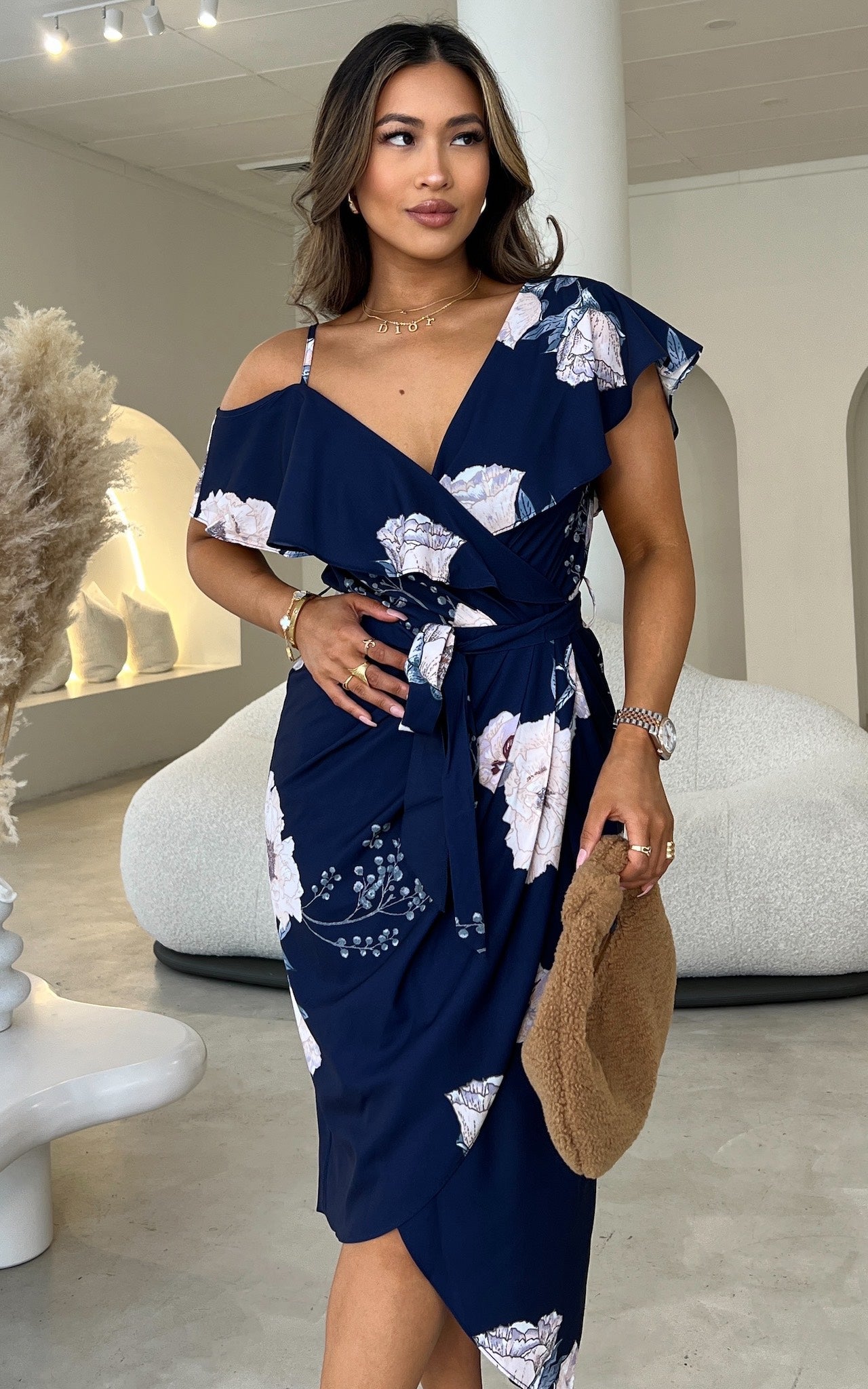 PORTIA V NECK ASYMMETRIC FRILL RUFFLE MIDI DRESS