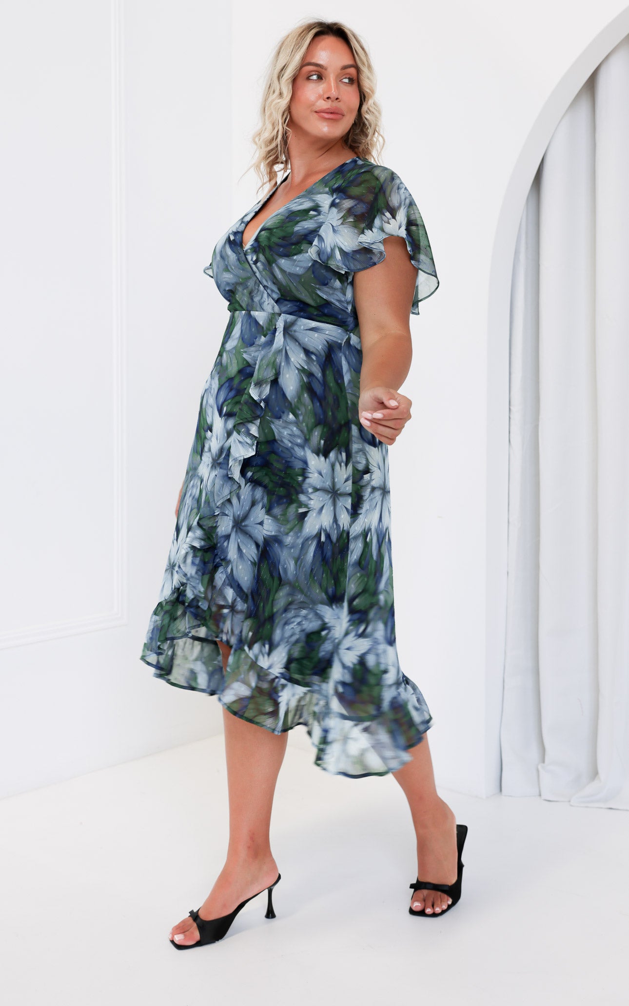 Portland Midi Dress - Blue Green Floral Texture