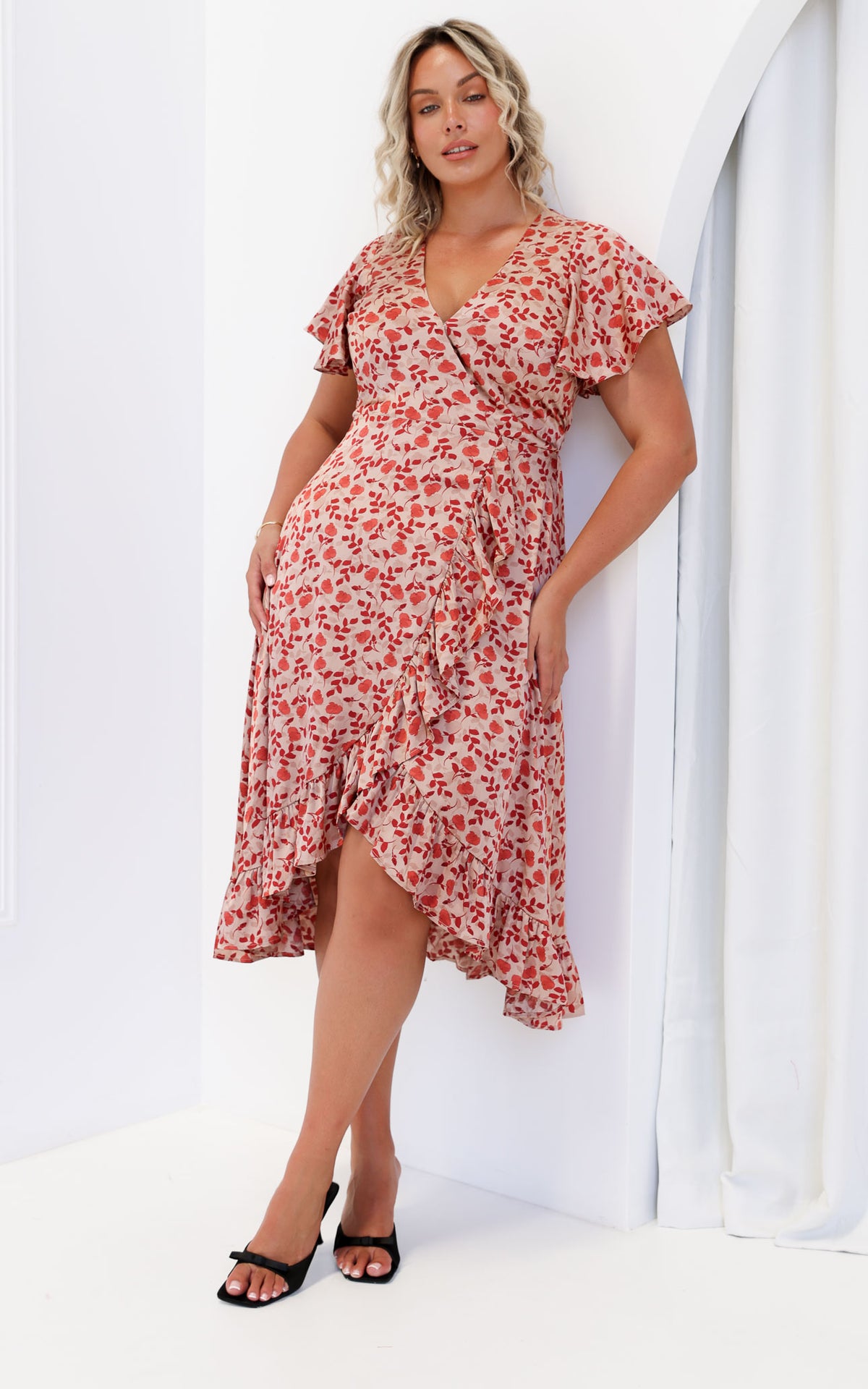 Portland Midi Dress - Nude Red Floral