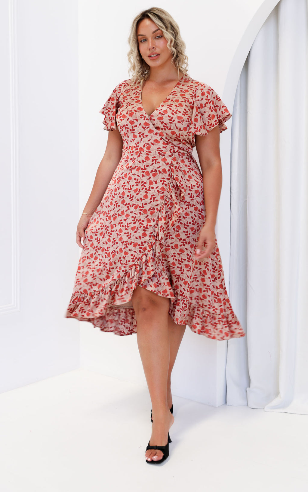 Portland Midi Dress - Nude Red Floral