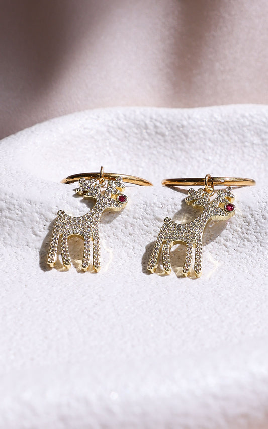 Prancer Hoop Charm Earrings - Gold Reindeer Diamante